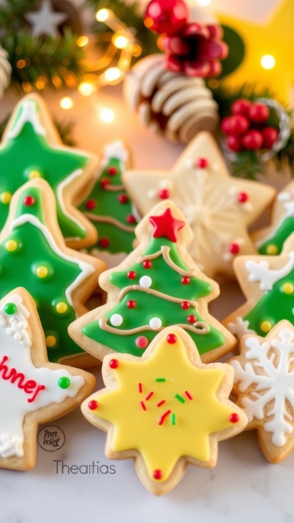 Decorated Christmas sugar cookies in festive shapes on a holiday-themed table.